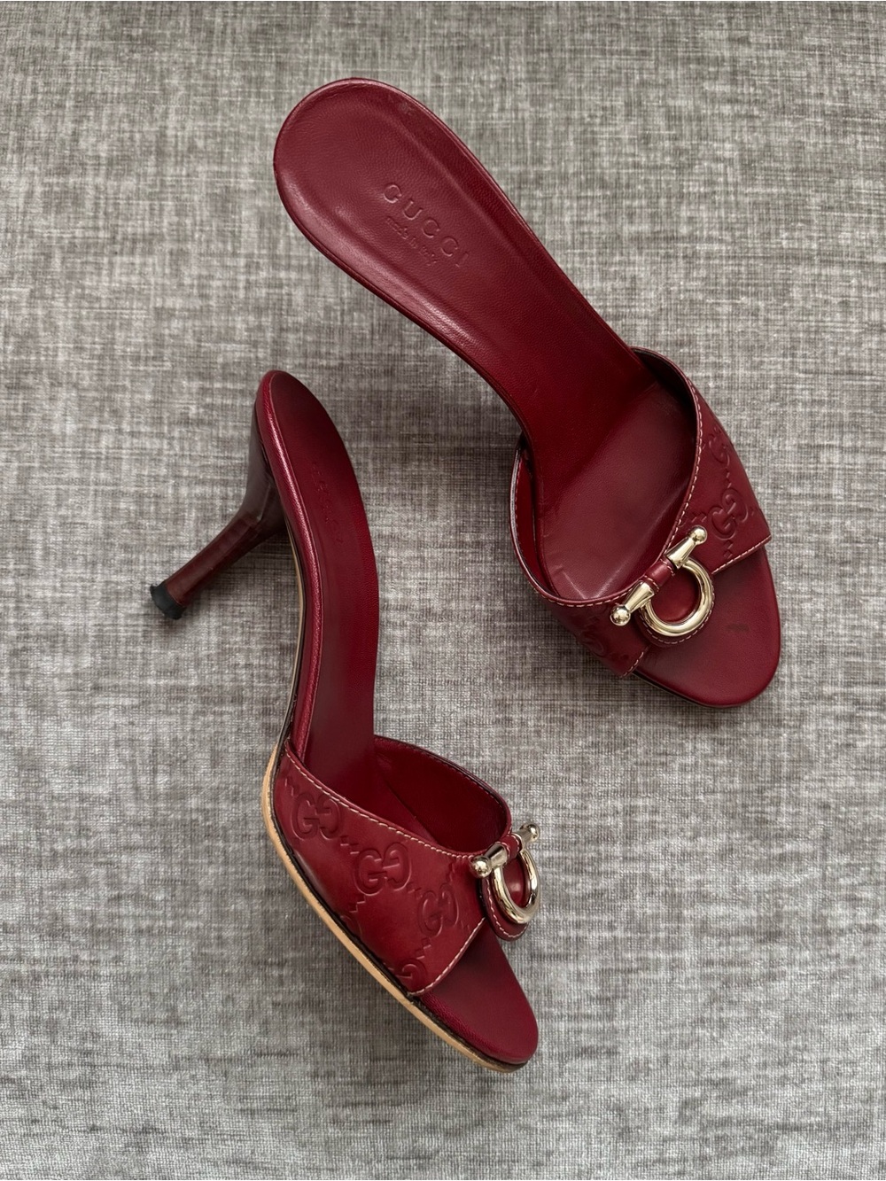 Vintage Gucci Burgundy Guccissima GG Horsebit Mule Heels 35.5